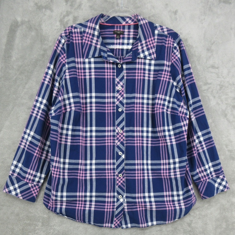Talbots Shirt Womens Size 2X Plaid Button Front Boxy Relaxed Office Career Blue